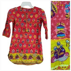 BIBA Girls Pink Bird Floral Cotton Straight Printed Kurta Indian Tunic Spring